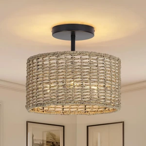 Boho Rattan Ceiling Light, 12.6", 3-Light Semi Flush Mount Boho Rattan Ceiling Light, 12.6", 3-Light Semi Flush Mount