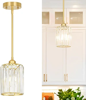 Lxybcce Brushed Gold Kitchen Pendant Lights Over Island with Adjustable Rods - Crystal Pendant Lighting Fixtures for Sloped Ceiling, Ideal Over Dining Table or Bar, E26 Bulb Compatible Lxybcce Brushed Gold Kitchen Pendant Lights Over Island with Adjustable Rods - Crystal Pendant Lighting Fixtures for Sloped Ceiling, Ideal Over Dining Table or Bar, E26 Bulb Compatible