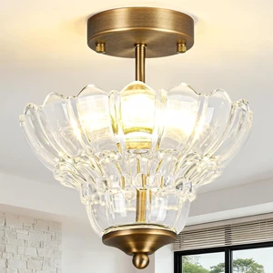 Antique Brass Finish Semi Flush Mount Light with Floral Class Shade, Vintage Close-to-Ceiling Fixture for Bedroom,Living Room, Kitchen, Hallway