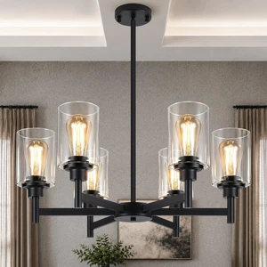 Black Chandeliers, 6 Light Dining Room Light Fixtures Over Table, Farmhouse Chandeliers for Dining Room with Clear Glass Shade for Kitchen Island Living Room Bedroom Bathroom, Height Adjustable Black Chandeliers, 6 Light Dining Room Light Fixtures Over Table, Farmhouse Chandeliers for Dining Room with Clear Glass Shade for Kitchen Island Living Room Bedroom Bathroom, Height Adjustable