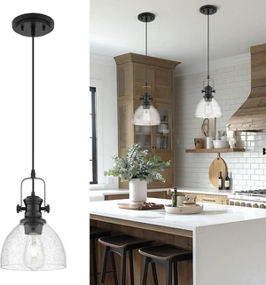 7.5" Black Pendant Lights Kitchen Island, Clear Seeded Glass Shade 7.5" Black Pendant Lights Kitchen Island, Clear Seeded Glass Shade