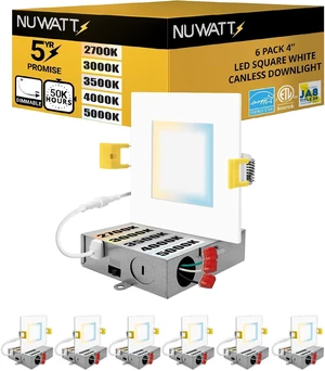NUWATT Canless 4 Inch LED Square Recessed Lighting 2700K-5000K, ETL, 6 Pack