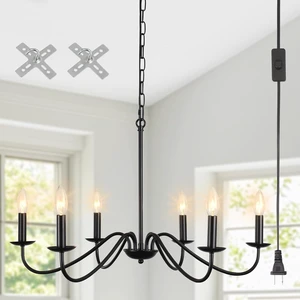 Plug in Chandelier Lighting with Long Cord, 6-Light Black Farmhouse Chandeliers for Dining Room Light Fixture, Hanging Lights with Plug in Cord, Rustic Candle Chandelier for Living Room Bedroom Foyer