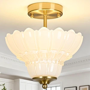 Vintage Gold Semi Flush Mount Light with Floral White Shade, Close-to-Ceiling Fixture for Bedroom,Living Room, Kitchen, Hallway Vintage Gold Semi Flush Mount Light with Floral White Shade, Close-to-Ceiling Fixture for Bedroom,Living Room, Kitchen, Hallway