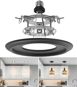 5" and 6" Recessed Can Light Conversion Kit, Light Fixture Upgrade, Pendant Light, Fan Compatible, Equipped with 7¾ Inch Decorative Plastic Medallion, Black Finish 5" and 6" Recessed Can Light Conversion Kit, Light Fixture Upgrade, Pendant Light, Fan Compatible, Equipped with 7¾ Inch Decorative Plastic Medallion, Black Finish