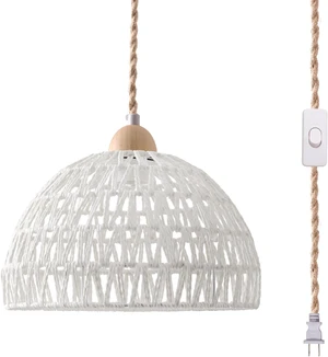 Plug in Pendant Light, Hanging Lamp with Plug in Cord, Hand Woven Rattan Lamp Shade, 15FT Hemp Rope Pendant Lamp Cord with On/Off Switch, Boho Hanging Lights Fixture for Living Room Bedroom Plug in Pendant Light, Hanging Lamp with Plug in Cord, Hand Woven Rattan Lamp Shade, 15FT Hemp Rope Pendant Lamp Cord with On/Off Switch, Boho Hanging Lights Fixture for Living Room Bedroom