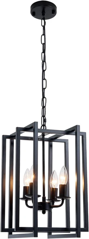 Farmhouse Lantern Chandelier Light Fixture Black, 4-Light Rustic Industrial Pendant Lighting, Adjustable Height Modern Square Cage Hanging Lights for Hallway Kitchen Island Living Room Bedroom Farmhouse Lantern Chandelier Light Fixture Black, 4-Light Rustic Industrial Pendant Lighting, Adjustable Height Modern Square Cage Hanging Lights for Hallway Kitchen Island Living Room Bedroom