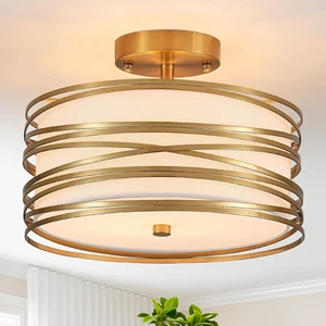 12.2" Gold Semi Flush Mount Ceiling Light, Linen 2-Light Fixture 12.2" Gold Semi Flush Mount Ceiling Light, Linen 2-Light Fixture