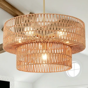 23.62" 6-Light Boho Chandelier Rattan Light Fixture Hand Woven Farmhouse Chandelier for Dining Room Ceiling Hanging Pendant Light for Kitchen Island Lighting