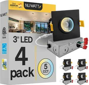NUWATT 3 Inch Black Square Gimbal LED Recessed Lights CCT 2700K-5000K, 4 PK