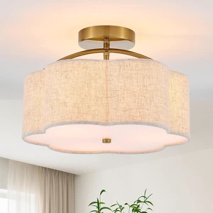 13.78" Gold Semi Flush Mount Ceiling Light, 3-Light Linen Fixture 13.78" Gold Semi Flush Mount Ceiling Light, 3-Light Linen Fixture