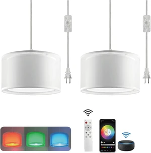 Hanging Lamp Plug in Pendant Light 2 Pack with Remote Control, 15Ft Hanging Lights with Plug in Cord White Double Shade Ceiling Pendant Light for Living Room, Bedroom, Kitchen Hanging Lamp Plug in Pendant Light 2 Pack with Remote Control, 15Ft Hanging Lights with Plug in Cord White Double Shade Ceiling Pendant Light for Living Room, Bedroom, Kitchen