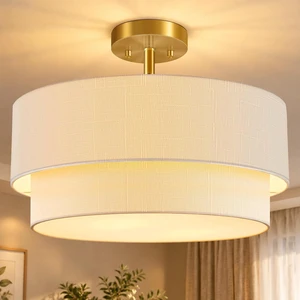 Gold Semi Flush Mount Ceiling Light, 16.5'' White Linen 2-Layer Drum Shade Gold Semi Flush Mount Ceiling Light, 16.5'' White Linen 2-Layer Drum Shade