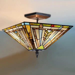 Tiffany Ceiling Light 14" Mission Style Semi-Flushmount Stained Glass Shade Tiffany Ceiling Light 14" Mission Style Semi-Flushmount Stained Glass Shade