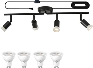 Dimmable Plug in Track Lighting,Plug in Ceiling Light Fixture,Balck 4 Light Track Light with 16.4' Long Cord,Dimming Switch,4 Way Ceiling Spotlight,Rotatable,LED Bulbs Included Dimmable Plug in Track Lighting,Plug in Ceiling Light Fixture,Balck 4 Light Track Light with 16.4' Long Cord,Dimming Switch,4 Way Ceiling Spotlight,Rotatable,LED Bulbs Included