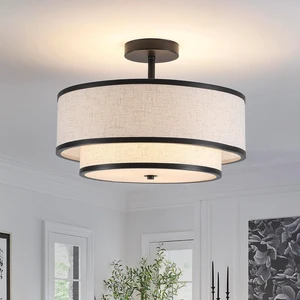 Semi Flush Mount Ceiling Light, 3-Light Double Drum Ceiling Light Fixture with Fabric Shade, Farmhouse Chandelier Dining Room Light Fixture for Bedroom, Kitchen, Hallway (Black) Semi Flush Mount Ceiling Light, 3-Light Double Drum Ceiling Light Fixture with Fabric Shade, Farmhouse Chandelier Dining Room Light Fixture for Bedroom, Kitchen, Hallway (Black)