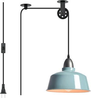Farmhouse Industrial Plug-in Pendant Light, Blue Pulley
