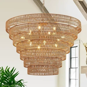 39.4" Large Gold Rattan Chandelier, 15-Light Wicker Drum Boho Light