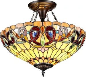 Capulina Tiffany Lamp Cream Brown Stained Glass Semi Ceiling Light 2-Light Capulina Tiffany Lamp Cream Brown Stained Glass Semi Ceiling Light 2-Light