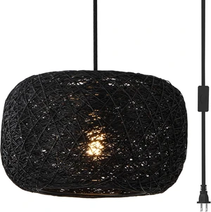 Plug in Pendant Light with Woven Rattan Lampshade, 12 Boho Hanging Lamp with 15FT Cord & On/Off Switch, E26 Socket, Ceiling Hook Installation for Bedroom Living Room Dining Nook Apartment Plug in Pendant Light with Woven Rattan Lampshade, 12 Boho Hanging Lamp with 15FT Cord & On/Off Switch, E26 Socket, Ceiling Hook Installation for Bedroom Living Room Dining Nook Apartment