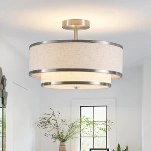 Semi Flush Mount Ceiling Light, 3-Light Double Drum Ceiling Light Fixture with Fabric Shade, Farmhouse Chandelier Dining Room Light Fixture for Bedroom, Kitchen, Hallway (Brushed Nickel) Semi Flush Mount Ceiling Light, 3-Light Double Drum Ceiling Light Fixture with Fabric Shade, Farmhouse Chandelier Dining Room Light Fixture for Bedroom, Kitchen, Hallway (Brushed Nickel)