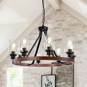 Lanhall 8-Light Farmhose Chandelier for Dining Room Light Fixture Faux Wood Kitchen Pendant Light Round Rustic Ceiling Hanging Lighting with Glass Globes Adjustable Height Metal E26 Lanhall 8-Light Farmhose Chandelier for Dining Room Light Fixture Faux Wood Kitchen Pendant Light Round Rustic Ceiling Hanging Lighting with Glass Globes Adjustable Height Metal E26