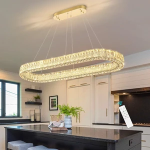 Modern Oval Crystal Chandelier for Dining Room Dimmable LED Chandeliers Rectangular Pendant Light Fixture with Remote for Living Room Kitchen Island Gold