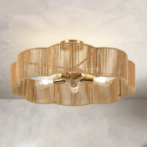 24Boho Rattan Ceiling Light Fixture, Hand-Woven Wicker Flush Mount Chandelier with Gold Base, Rustic Coastal Semi Flush Lighting for Bedroom, Dining Room, Kitchen, Hallway, Foyer, Living Room