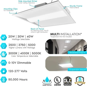 2x2 FT Center Basket LED Troffer Panel Light, 20/30/40W, 3 Color Options 3000K | 4000K | 5000K, Dimmable Drop Ceiling Lights, 2500/3750/5000 Lumens, Damp Rated, 120-277V, Premium (4 Pack) 2x2 FT Center Basket LED Troffer Panel Light, 20/30/40W, 3 Color Options 3000K | 4000K | 5000K, Dimmable Drop Ceiling Lights, 2500/3750/5000 Lumens, Damp Rated, 120-277V, Premium (4 Pack)