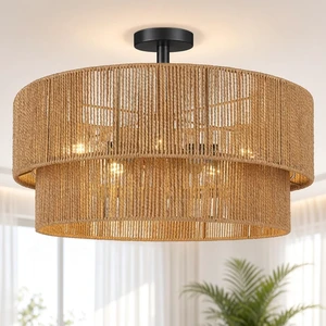 Hamilyeah 24" Black Semi Flush Mount Ceiling Light, Double-Layer Woven Rope Hamilyeah 24" Black Semi Flush Mount Ceiling Light, Double-Layer Woven Rope