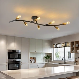 Modern Semi Flush Mount Ceiling Light Fixture for Kitchen Island,Black and Gold 7-Lights Sputnik Chandelier for Living Room,Bedroom,Office(Bulbs Not Included)