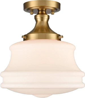 Modern Brass Schoolhouse Semi Flush Ceiling Light, Opal Milk Glass Modern Brass Schoolhouse Semi Flush Ceiling Light, Opal Milk Glass