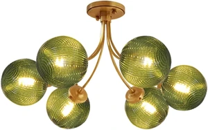 Mid Century 6-Light Gold Chandelier Green Flush Mount Ceiling Light Mid Century 6-Light Gold Chandelier Green Flush Mount Ceiling Light