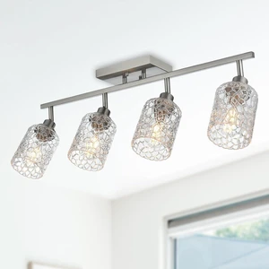 4 Light Semi Flush Mount Ceiling Light with Directional Rotatable Heads, Clear Glass Shades Modern Bathroom Vanity Lighting in Brushed Nickel Finish Track Lighting Kit Spotlight 4 Light Semi Flush Mount Ceiling Light with Directional Rotatable Heads, Clear Glass Shades Modern Bathroom Vanity Lighting in Brushed Nickel Finish Track Lighting Kit Spotlight