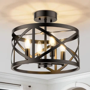 Matane Semi Flush Mount Ceiling Light, 4-Light 12inch Farmhouse Modern Light Fixture with X-Shape Cage, Industrial Rustic Ceiling Lamp for Kitchen, Dining Room, Bedroom, Hallway, Laundry Room, Black Matane Semi Flush Mount Ceiling Light, 4-Light 12inch Farmhouse Modern Light Fixture with X-Shape Cage, Industrial Rustic Ceiling Lamp for Kitchen, Dining Room, Bedroom, Hallway, Laundry Room, Black