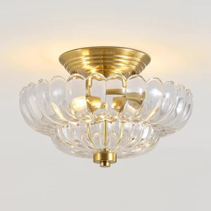 12" Brass Gold Vintage Scalloped Glass Semi Flush Ceiling Light 12" Brass Gold Vintage Scalloped Glass Semi Flush Ceiling Light