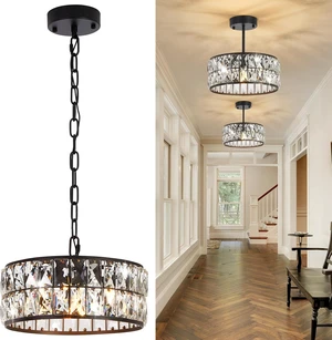 4-Light Black Crystal 12" Round Semi Flush Mount Ceiling Light 4-Light Black Crystal 12" Round Semi Flush Mount Ceiling Light