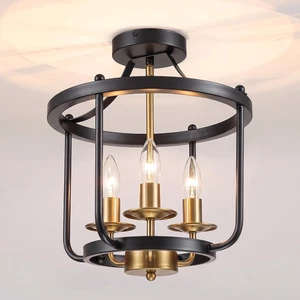 Farmhouse Semi Flush Mount Ceiling Light Fixtures, Industrial Rustic Ceiling Lamp Metal Cage Hallway Light Fixtures (3-Light Matte Black and Brushed Brass Finish)