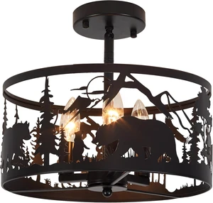 Farmhouse Rustic Slanted Ceiling Light Fixture - 3-Light Round E12 Base Black Metal Fixture with Deer and Bear Design - Perfect for Kitchen, Bedroom, Hallway, and Rustic Style Farmhouse Rustic Slanted Ceiling Light Fixture - 3-Light Round E12 Base Black Metal Fixture with Deer and Bear Design - Perfect for Kitchen, Bedroom, Hallway, and Rustic Style