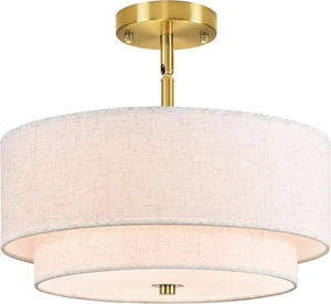 16" Semi Flush Mount Ceiling Light, Gold 3 Light Double Drum Fabric Lampshade Lighting Fixture for Living Room, Bedroom, Dining Room, Kitchen, Hallway (Swivel Canopy for Sloped/Flat Ceiling) 16" Semi Flush Mount Ceiling Light, Gold 3 Light Double Drum Fabric Lampshade Lighting Fixture for Living Room, Bedroom, Dining Room, Kitchen, Hallway (Swivel Canopy for Sloped/Flat Ceiling)
