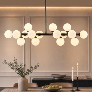 Mid Century Modern Glass Globe Sputnik Chandelier with White Bubble, 16-Light Large Linear Chandeliers for Dining Room Kitchen Island Living Room, Black Dining Light Fixture Over Table