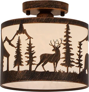 Rustic Semi Flush Mount Ceiling Light with Shade, Black Metal Farmhouse Fixture with Deer and Bear Silhouettes, Wildlife Forest Theme for Cabin, Kitchen, Living Room - E26 Base (9.1" Round) Rustic Semi Flush Mount Ceiling Light with Shade, Black Metal Farmhouse Fixture with Deer and Bear Silhouettes, Wildlife Forest Theme for Cabin, Kitchen, Living Room - E26 Base (9.1" Round)