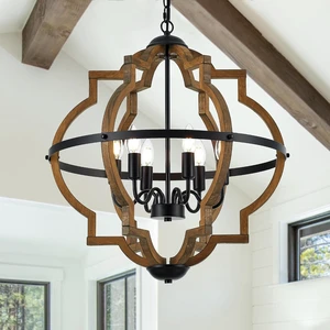22.83" 6 Light Brown Oak Wood Drum Pendant Light for Dining Room 22.83" 6 Light Brown Oak Wood Drum Pendant Light for Dining Room