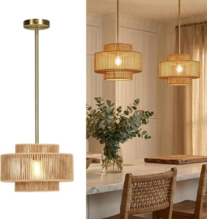Boho Rattan Pendant Light, 12.6" Hand-Woven Wicker 1-Light Chandelier with Gold Metal Finish, Adjustable Hanging Ceiling Lamp for Kitchen Island, Dining Room, Bedroom, Coastal Farmhouse Boho Rattan Pendant Light, 12.6" Hand-Woven Wicker 1-Light Chandelier with Gold Metal Finish, Adjustable Hanging Ceiling Lamp for Kitchen Island, Dining Room, Bedroom, Coastal Farmhouse