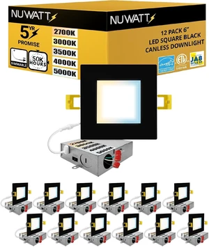 NUWATT 12 Pack 6 Inch LED Canless Square Black Recessed Lights 2700K-5000K NUWATT 12 Pack 6 Inch LED Canless Square Black Recessed Lights 2700K-5000K