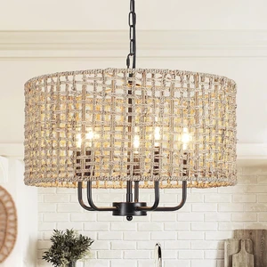 18.9" Rattan Chandelier 5-Light Hand-Woven Farmhouse Boho Pendant Light 18.9" Rattan Chandelier 5-Light Hand-Woven Farmhouse Boho Pendant Light