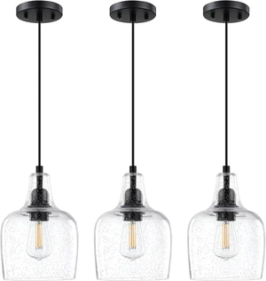 3 Pack 6.1" Clear Seeded Glass Hanging Black Indoor Farmhouse Pendant Light
