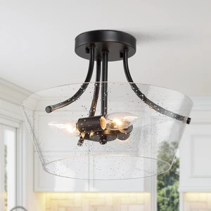 LALUZ 3-Light Semi Flush Mount Ceiling Light, 13 Seeded Clear Glass Black Drum Flush Mount Light for Bedroom, Hallway, Kitchen, Entryway