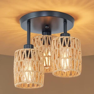 3-Lights Woven Rattan Ceiling Light Fixture,Farmhouse Hand-Woven Cage Semi Flush Mount Light, Boho Coastal Natural Basket Close to Ceiling Light for Bedroom Hallway Corridor Nursery 3-Lights Woven Rattan Ceiling Light Fixture,Farmhouse Hand-Woven Cage Semi Flush Mount Light, Boho Coastal Natural Basket Close to Ceiling Light for Bedroom Hallway Corridor Nursery