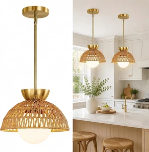 AIJIASI Rattan Pendant Light, 11.8" Hand Woven Boho Pendant Light Fixture with Milk Glass Globe, Gold Kitchen Pendant Lighting Over Island Adjustable Chandelier for Dining Room Hallway Foyer AIJIASI Rattan Pendant Light, 11.8" Hand Woven Boho Pendant Light Fixture with Milk Glass Globe, Gold Kitchen Pendant Lighting Over Island Adjustable Chandelier for Dining Room Hallway Foyer